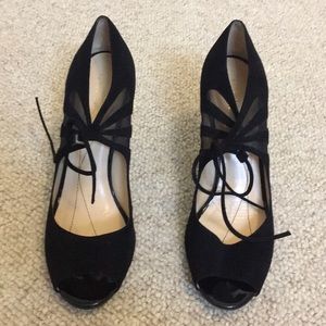 Black suede,  3 inch heels, shoe bag included